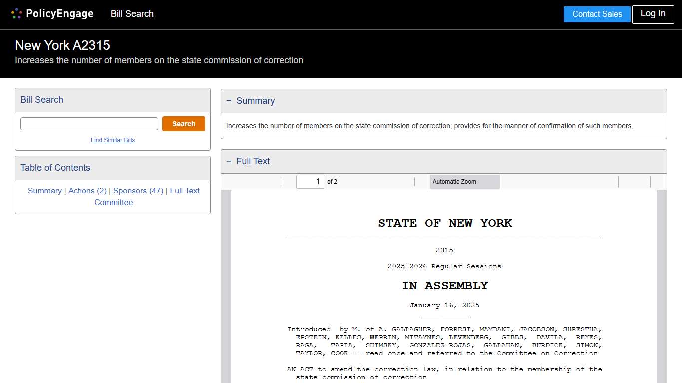 A2315 New York 2025-2026 Increases the number of members on the state commission of correction - Legislative Tracking PolicyEngage